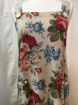 Womens, Jumper, F.L. MALIK, Beige, Red, Olive Green, Blue, Rayon, Linen, Floral, M, Dress. Long Pinafore. 2 Patch Pockets with Button Detail