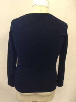 Mens, Pullover Sweater, BANANA REPUBLIC, Navy Blue, Wool, Solid, L, V-neck, Long Sleeves, Ribbed Knit Cuff/Waistband, Center Front Panel