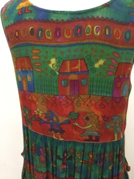 BILA, Green, Brown, Red, Orange, Blue, Rayon, Horizontal Stripes with Depictions of Humans, Houses, Circles, and Dots, Button Front, Sleeveless, Scoop Neck, 2 Pockets, Ankle Length, Gathered at Waist