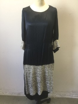 Womens, Dress, N/L, Black, Beige, Silk, Solid, W:32, B:36, H:40, Satin with Beige Textured Embroidery Covering Bottom Half & Cuffs, 3/4 Sleeves, Scoop Neck, Dropped Waist, Snap Closures at Shoulder and Side of Bodice, Beige Silk Underlayer, Knee Length, **In Fragile Condition