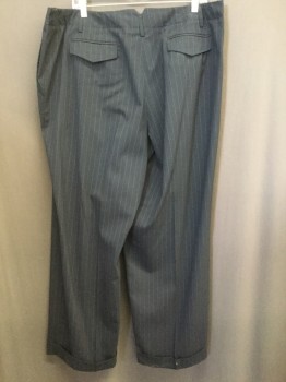 Womens, Slacks, TALBOTS, Navy Blue, Lavender Purple, Black, Polyester, Rayon, Stripes - Pin, 18, Navy with Lavender and Black Pinstripe, Flat Front, Creased Legs, Wide Cuffed Legs