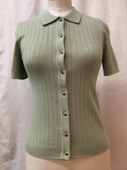 & OTHER STORIES, Lt Green, Synthetic, Solid, Pointille Knit Stripe, Button Front, Collar Attached, Short Sleeves,