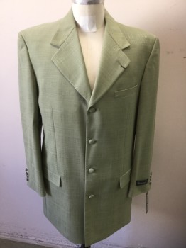Mens, 1990s Vintage, Suit, Jacket, BENDETTI, Moss Green, Wool, Solid, 40R, Single Breasted, 4 Buttons,Self Geometric Weave,  Zoot Suit Like,