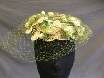 Womens, Hat, EVELYN VARON, Ivory White, Avocado Green, Moss Green, Cotton, Floral, Ivory Cotton Lace Leaves, Avocado Green Organza Leaves, Ivory Flowers with Pearls, Avocado Net, Has 2 Combs Inside