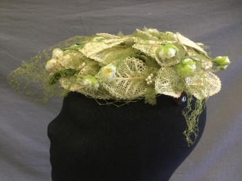 Womens, Hat, EVELYN VARON, Ivory White, Avocado Green, Moss Green, Cotton, Floral, Ivory Cotton Lace Leaves, Avocado Green Organza Leaves, Ivory Flowers with Pearls, Avocado Net, Has 2 Combs Inside