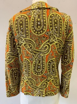 Womens, Blazer, LOUBELLA TRUDY'S, Yellow, Orange, Dk Brown, Beige, Cotton, Polyester, Paisley/Swirls, B36, Single Breasted, 3 Covered Buttons, 2 Faux Pockets, Lined, Has Another Color Combination See FC060795