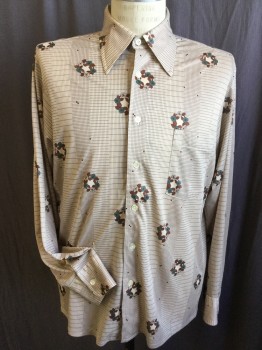 DONEGAL, Tan Brown, Brown, Green, Polyester, Geometric, Floral, Collar Attached, Button Front, 1 Pocket, Long Sleeves