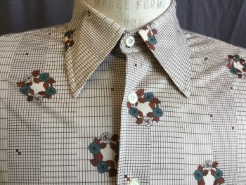 DONEGAL, Tan Brown, Brown, Green, Polyester, Geometric, Floral, Collar Attached, Button Front, 1 Pocket, Long Sleeves