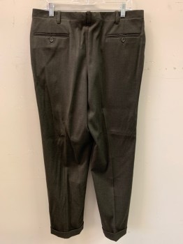 Mens, 1960s Vintage, Suit, Pants, NL, Dk Olive Grn, Black, Wool, 2 Color Weave, 34/30, Side Pockets, Zip Front, Flat Front