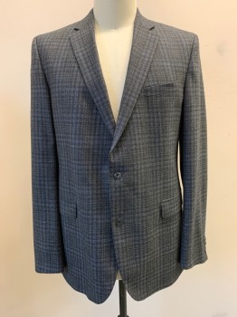 Mens, Sportcoat/Blazer, PRONTO UOMO, Black, White, Blue, Wool, Tweed, Plaid, 48XL, Notched Lapel, Single Breasted, Button Front, 2 Buttons, 3 Pockets