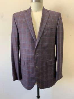 Mens, Sportcoat/Blazer, JACK VICTOR , Brown, Blue, Off White, Wool, Plaid, 48XL, Notched Lapel, Single Breasted, Button Front, 2 Buttons, 3 Pockets, Double Back Vent