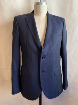 Mens, Sportcoat/Blazer, GALANTE, Navy Blue, Wool, Stripes, Solid, 40R, Single Breasted, 2 Buttons, Notched Lapel, 3 Pockets, 4 Button Cuffs, Double Vent *Stains on Front and Back*