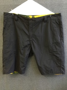 Mens, Shorts, ADIDAS, Black, Yellow, Green, Navy Blue, Orange, Polyester, Solid, Abstract , 36, Reversible, Solid Black on One Side, Multi colored Sponged Pattern On Other Side, Diagonal Side Pockets, Patch Side Pockets, Zipper and Button Closure