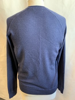 Mens, Pullover Sweater, BLOOMINGDALE'S, Dk Blue, Cashmere, Solid, XL, Crew Neck, Raglan Long Sleeves, Ribbed Knit Cuff/Collar/Waistband
