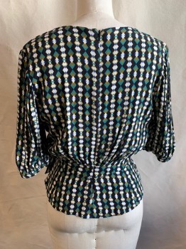 Womens, Top, KACHEL, Black, Teal Green, Olive Green, White, Royal Blue, Silk, Diamonds, Stripes, 6, Georgette, Surplice Top, Gathered Short Sleeves, 1.5" Waistband with Attached Self Tie, Peplum, Zip Back