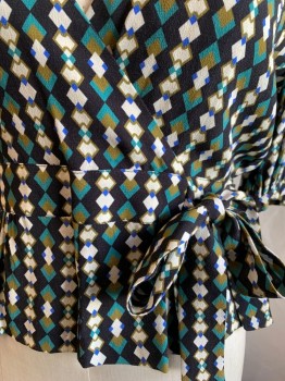 Womens, Top, KACHEL, Black, Teal Green, Olive Green, White, Royal Blue, Silk, Diamonds, Stripes, 6, Georgette, Surplice Top, Gathered Short Sleeves, 1.5" Waistband with Attached Self Tie, Peplum, Zip Back