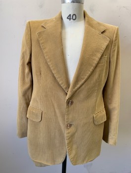 Mens, 1970s Vintage, Suit, Jacket, N/L, Caramel Brown, Cotton, Solid, 40R, Corduroy, Single Breasted, Wide Notched Lapel, 2 Buttons, 3 Pockets, Worn/Lightly Aged,