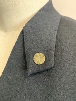 FERRACCI, Black, Wool, Solid, Crepe, Single Breasted, No Lapel - Has Small Collar with Square Ends, V-neck, 3 Gold Buttons with Geometric Embossed Detail, Padded Shoulders, 3 Pockets,