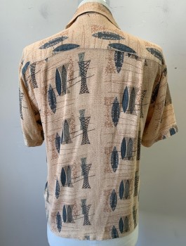 Mens, Casual Shirt, DA VINCI, Lt Brown, Clay Orange, Gray, Black, Acetate, Rayon, Novelty Pattern, M, Tiki Inspired Surfboards Pattern, Short Sleeves, Button Front, Collar Attached, 1 Patch Pocket, Retro Looks 1950's/60's