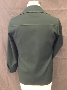 JC PENNEY, Forest Green, Polyester, Solid, Gabardine, Cream Stitching, 3 Button Front, Exaggerated Collar,, 2 Pockets. Short Length Sleeves.