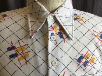 Mens, Shirt Disco, GRAND SLAM, Ecru, Red, Blue, Yellow, Black, Polyester, Diamonds, Novelty Pattern, L, TIC-TAC-TOE Print, Polo Style, Collar Attached, 3 Button Front, 1 Pocket, Long Sleeves,