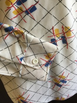 Mens, Shirt Disco, GRAND SLAM, Ecru, Red, Blue, Yellow, Black, Polyester, Diamonds, Novelty Pattern, L, TIC-TAC-TOE Print, Polo Style, Collar Attached, 3 Button Front, 1 Pocket, Long Sleeves,