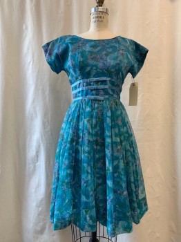 Womens, Cocktail Dress, NO LABEL, Teal Blue, Purple, Green, Synthetic, Floral, W 27, B 36, Round Neck,  Short Sleeves, 3 Blue Ribbon Button Front Bows, Gathered Waist with Flair Skirt, Zip Back,