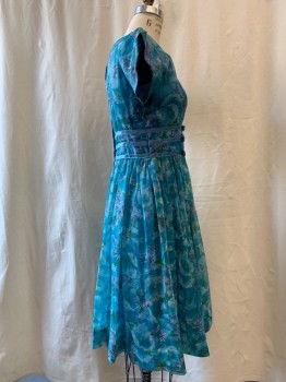Womens, Cocktail Dress, NO LABEL, Teal Blue, Purple, Green, Synthetic, Floral, W 27, B 36, Round Neck,  Short Sleeves, 3 Blue Ribbon Button Front Bows, Gathered Waist with Flair Skirt, Zip Back,
