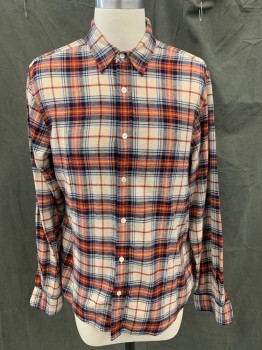 FRAME, Red, Off White, Black, Blue, Cotton, Plaid, Flannel,. Button Front, Collar Attached, Long Sleeves, Button Cuff