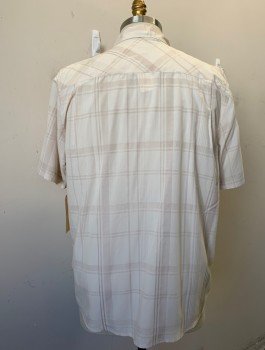 QUICKSILVER, Lt Beige, Polyester, Plaid, Button Front, Collar Attached, Short Sleeves, 1 Pocket,