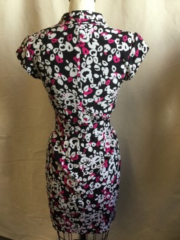 TRINA TURK, Black, Hot Pink, Off White, Silk, Spandex, Abstract , Sheer Black Lining, V-neck with 2 Pleat @ Shoulder, Cap Sleeves, 2.5" Waistband with 3 Pleat Wrap Around Skirt, 2 Pockets, Zip Back