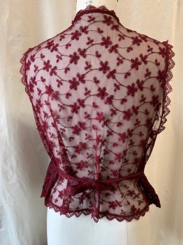 KAREN KANE, Red Burgundy, Polyester, Rayon, Solid, Embroidered Netting, Scallopped Lace Trim, Self Back Tie Attached,