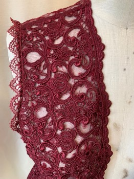 KAREN KANE, Red Burgundy, Polyester, Rayon, Solid, Embroidered Netting, Scallopped Lace Trim, Self Back Tie Attached,