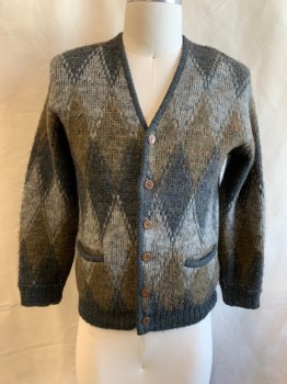 Mens, Sweater, BRENTWOOD, Gray, Blue-Gray, Brown, Wool, Alpaca, Diamonds, S, Cardigan, 6 Buttons, 2 Pockets, Ribbed Knit Double Cuff, Ribbed Knit Waistband