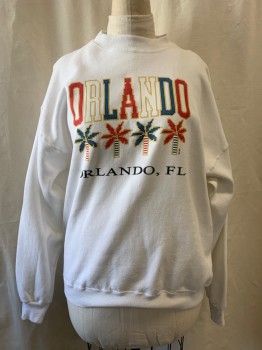 Womens, Pullover, ORLANDO, White, Red, Blue, Poly/Cotton, XL, "Orlando" & Palm Trees Printed on Front, Mock Neck, Long Sleeves, Rib Knit Neck, Cuff, & Waist
