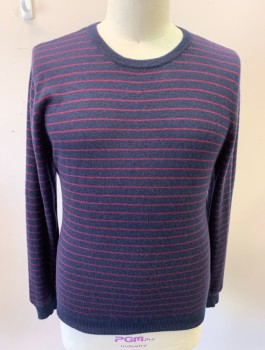 Mens, Pullover Sweater, MARINE LAYER, Navy Blue, Red Burgundy, Cashmere, Stripes - Horizontal , XL, Knit, L/S, Crew Neck