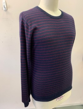 Mens, Pullover Sweater, MARINE LAYER, Navy Blue, Red Burgundy, Cashmere, Stripes - Horizontal , XL, Knit, L/S, Crew Neck