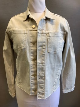 Womens, Jean Jacket, L'AGENCE, Lt Beige, Cotton, Spandex, Solid, L, White Gold Button Front, 4 Pockets, Raw Edge Hem and Sleeves
