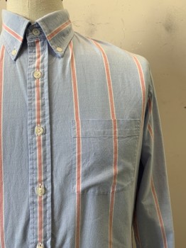 Mens, Casual Shirt, BROOKS BROTHERS, Lt Blue, Red, White, Cotton, Stripes, M, L/S, Button Front, Collar Attached, Chest Pocket
