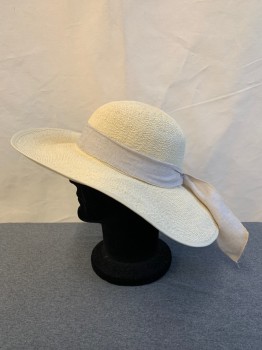 Womens, Straw Hat, Four Buttons, Beige, Straw, OS, Sun Hat, Wide Brim, Round Crown, With Head Band