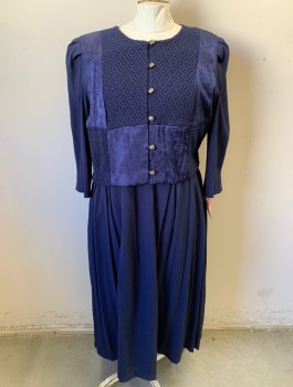 LADY DORBY, Navy Blue, Rayon, Polyester, Solid, Floral, Gauze with Floral Jacquard and Crochet Accents in Front, Long Sleeves, Bodice is Attached Overlayer, Round Neck, Gold Buttons at Front, Padded Shoulders, Below Knee Length, Early 1990's
