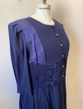LADY DORBY, Navy Blue, Rayon, Polyester, Solid, Floral, Gauze with Floral Jacquard and Crochet Accents in Front, Long Sleeves, Bodice is Attached Overlayer, Round Neck, Gold Buttons at Front, Padded Shoulders, Below Knee Length, Early 1990's