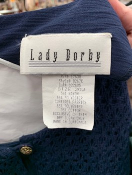 Womens, Dress, LADY DORBY, Navy Blue, Rayon, Polyester, Solid, Floral, B:48, Sz.20W, W:46, Gauze with Floral Jacquard and Crochet Accents in Front, Long Sleeves, Bodice is Attached Overlayer, Round Neck, Gold Buttons at Front, Padded Shoulders, Below Knee Length, Early 1990's