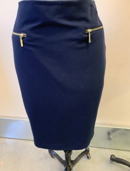 TOMMY HILFIGER, Navy Blue, Polyester, Rayon, Solid, Straight, No Waistband, Back Zip, Zipper Pocket, Kick Pleat in Back.
