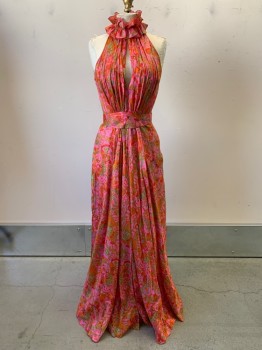 Womens, 1960s Vintage, Piece 1, NO LABEL, Magenta Pink, Dk Orange, Lime Green, Red, Copper Metallic, Polyester, Abstract , W24, B32, Evening Dress, Halter with Keyhole, Ruffled Neckline, Pleated, Attached Waist Belt, Back Zipper, Made To Order,