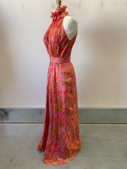 Womens, 1960s Vintage, Piece 1, NO LABEL, Magenta Pink, Dk Orange, Lime Green, Red, Copper Metallic, Polyester, Abstract , W24, B32, Evening Dress, Halter with Keyhole, Ruffled Neckline, Pleated, Attached Waist Belt, Back Zipper, Made To Order,