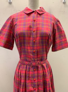 Womens, 1950s Vintage, Piece 1, NO LABEL, Red, Magenta Purple, Camel Brown, Cotton, Polyester, Plaid, W24, B33, S/S, Button Front, Collar Attached, Pleated
