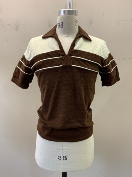 Mens, Polo Shirt, Kennington, Brown, Cream, Polyester, Solid, Diamonds, M, Terrycloth ,collard, V neck, S/S, Contrast Top Panel Front Chest Into Sleeve, 2 Rows Piping Below