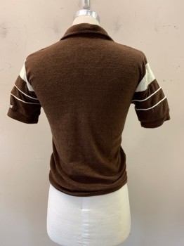 Kennington, Brown, Cream, Polyester, Solid, Diamonds, Terrycloth ,collard, V neck, S/S, Contrast Top Panel Front Chest Into Sleeve, 2 Rows Piping Below