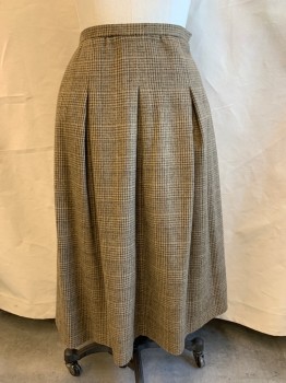 BILL BLASS, Camel Brown, Dk Brown, Taupe, Wool, Plaid, Side Zipper, Stitched Down Box Pleats Front, Gathers Back 2 Pockets,